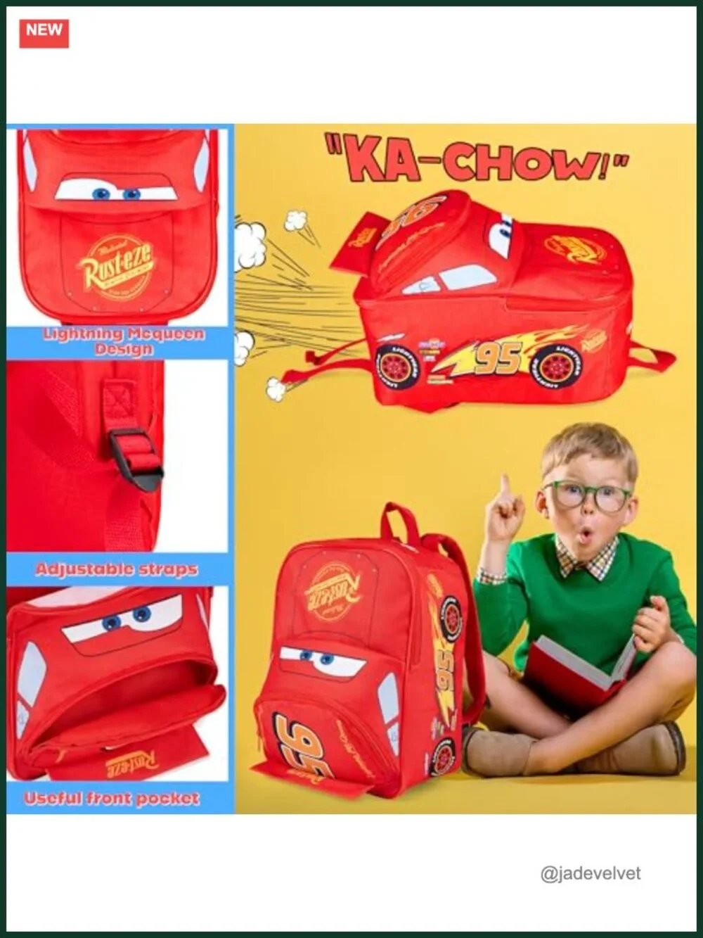 Lightning McQueen Kids Backpack with Padded Straps, Front Pocket
